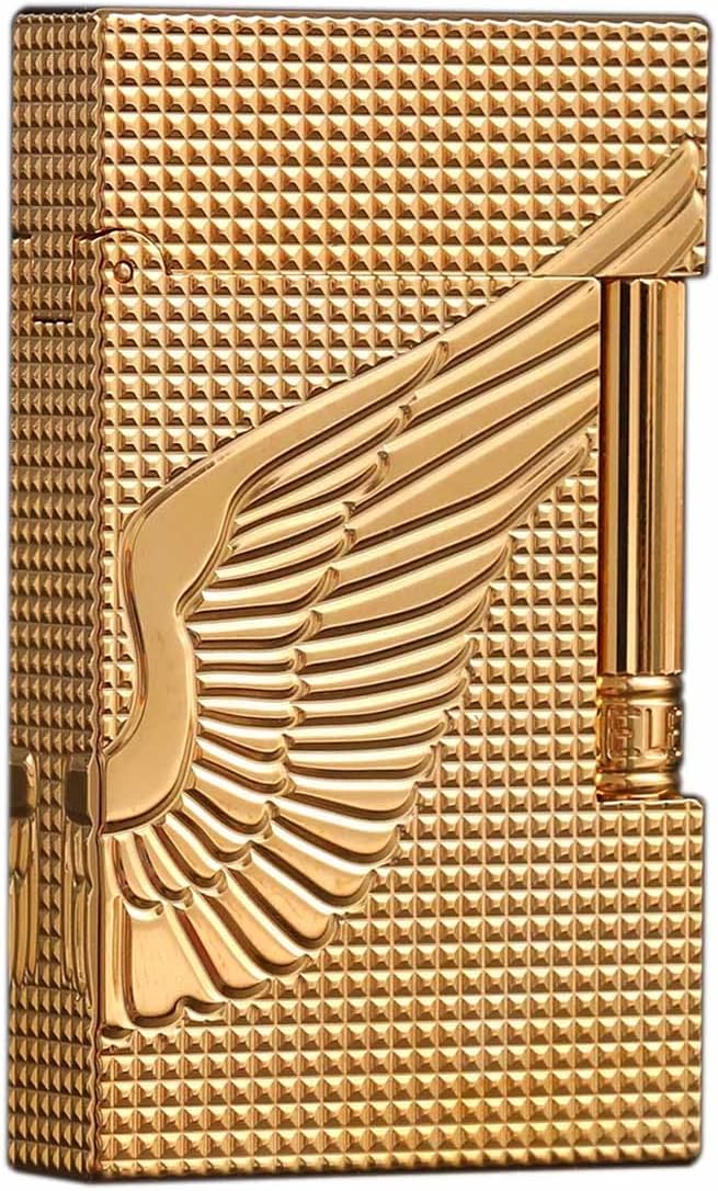 Classic Brass Lighter, Exquisitely Carved Angel's Wings Side Slide Ignition Butane Lighter, Men, Dad, Husband, Unique Collectible (Gold)
