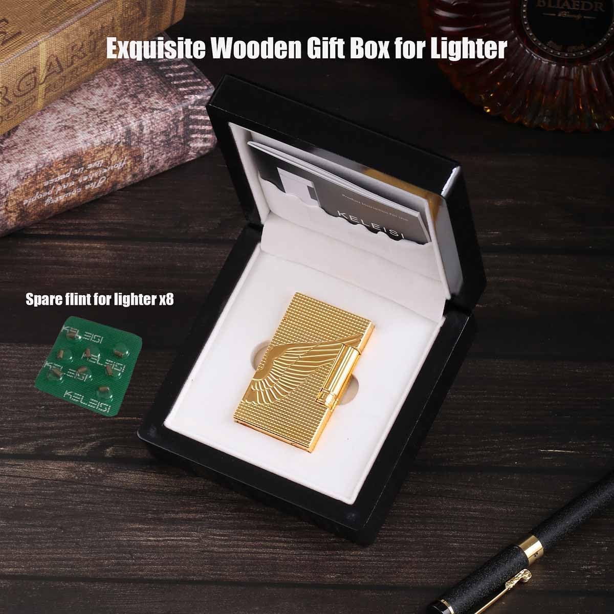 Classic Brass Lighter, Exquisitely Carved Angel's Wings Side Slide Ignition Butane Lighter, Men, Dad, Husband, Unique Collectible (Gold)