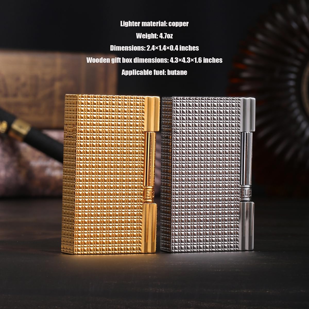 Classic Brass Lighter Luxury Exquisitely Carved Vintage Side Slide Ignition Butane Lighter, Refillable for Men, Dad, Husband, Unique Collectible (Silver)