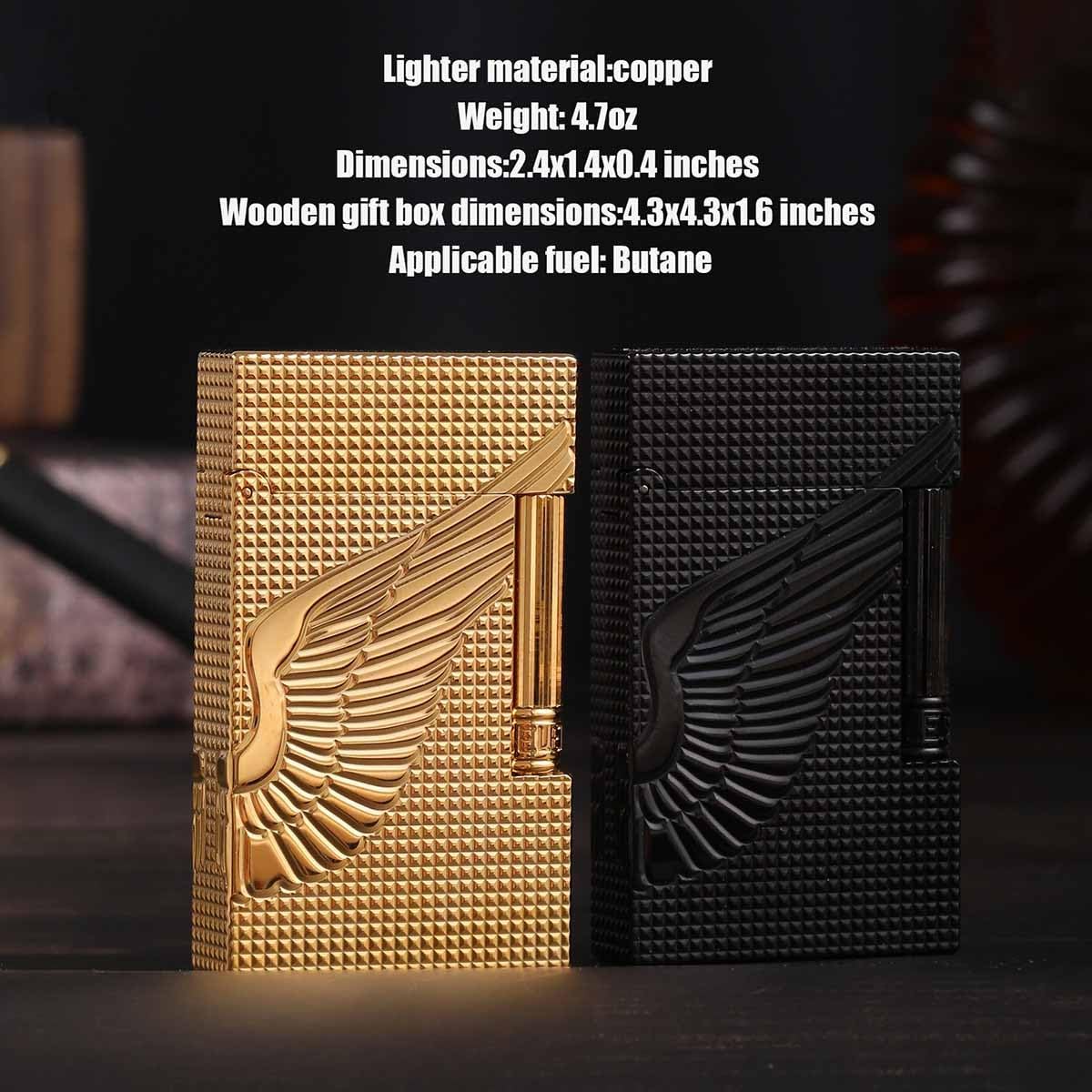 Classic Brass Lighter, Exquisitely Carved Angel's Wings Side Slide Ignition Butane Lighter, Men, Dad, Husband, Unique Collectible (Gold)